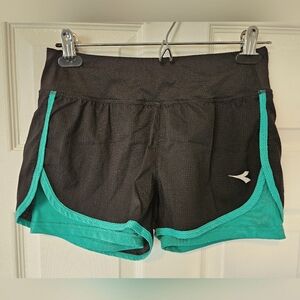Diadora Black And Green 2-layer Running Shorts XS-S Waist Zipper Pocket